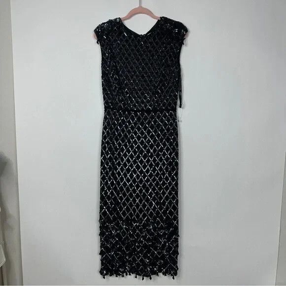 MAC DUGGAL 5471 BLACK EMBELLISHED HIGH NECK BEADED MIDI SHEALTH DRESS sz 16 $598 - Picture 3 of 6
